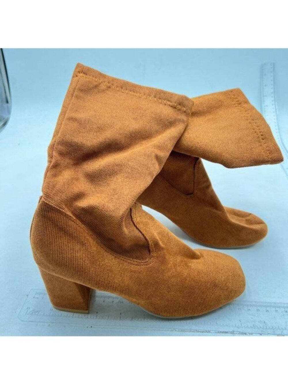 Brown Women Square Toe Chunky Heel Mid Calf Boots Pull On Dress Shoes